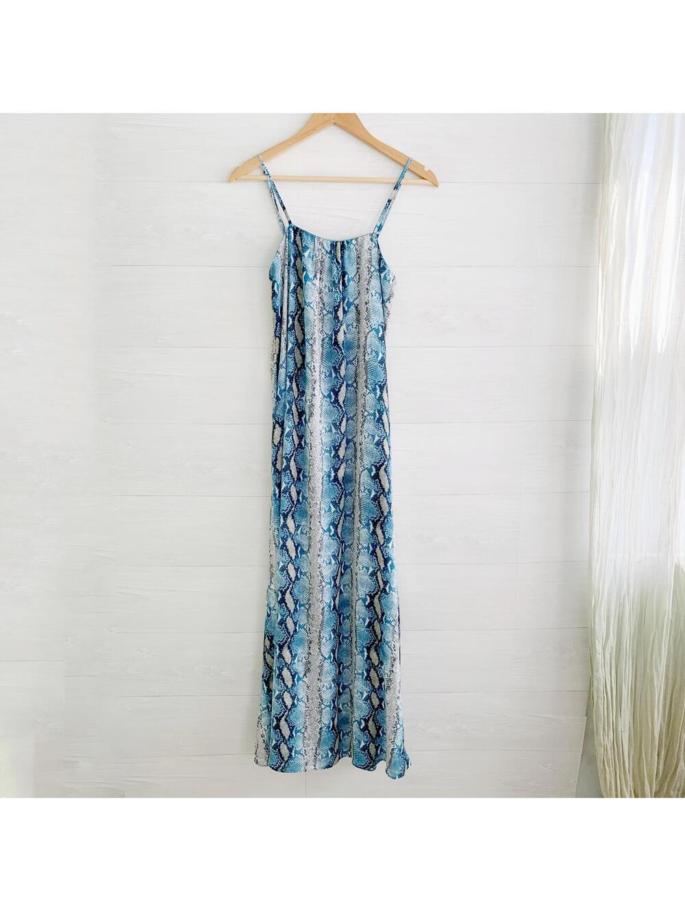 BuddyLove Blue Snakeskin Animal Print Chiffon Maxi Dress Boho Womens S